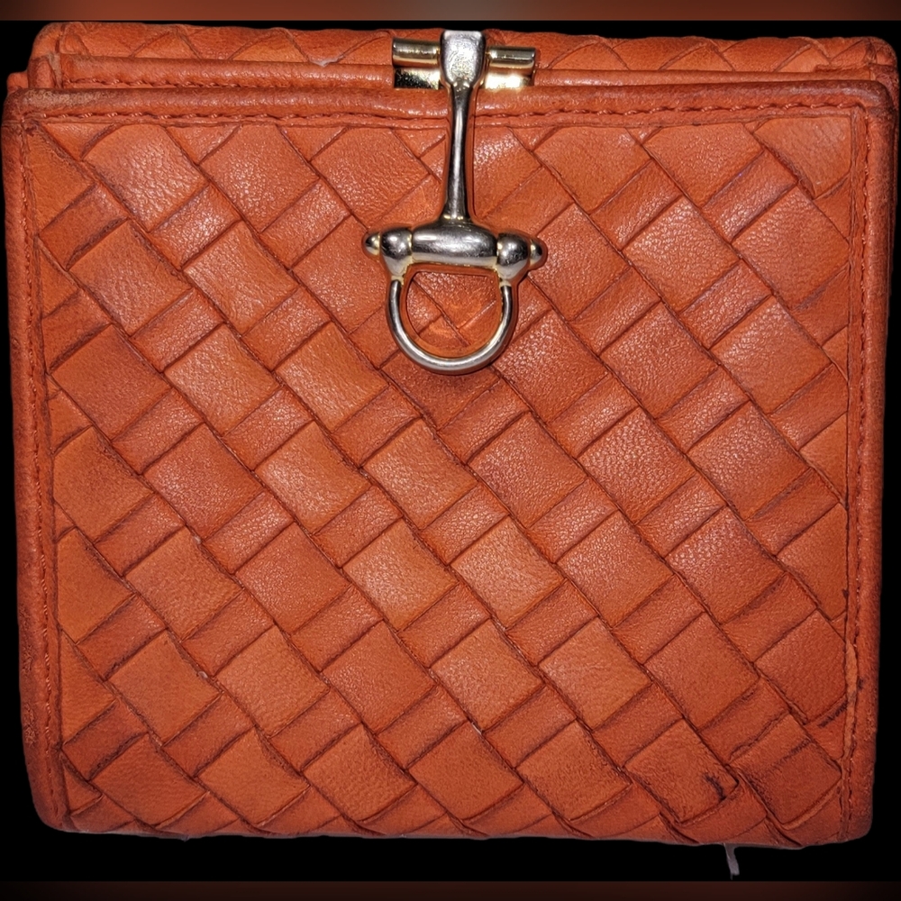 Authentic BUTI Made In ITALY Intrecciato Orange Genuine Leather Bifold Wallet.